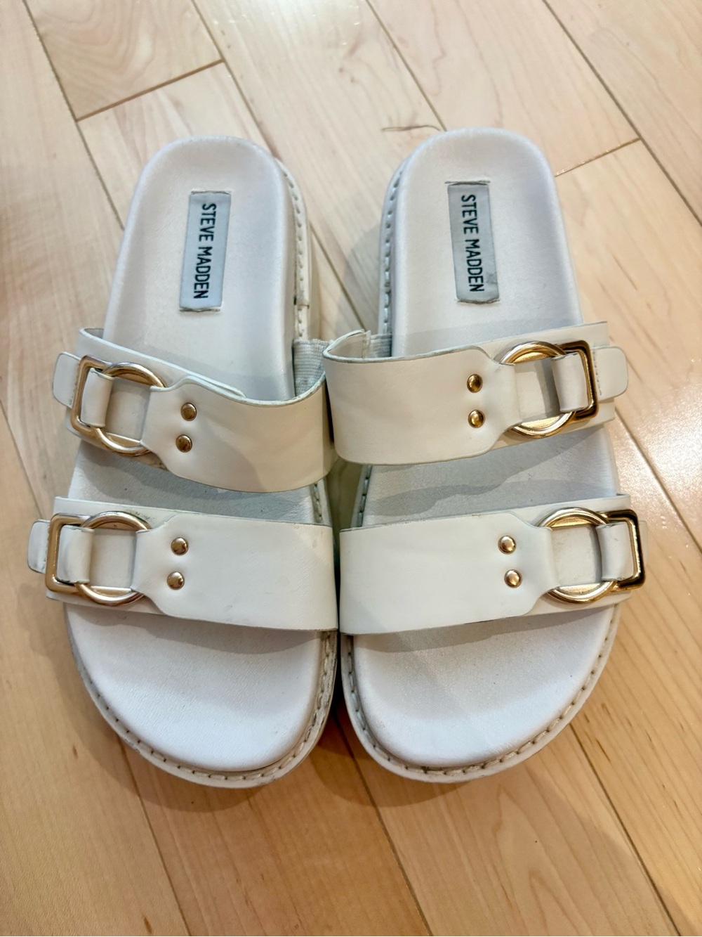 Steve Madden White Slide Sandals with Gold Buckles